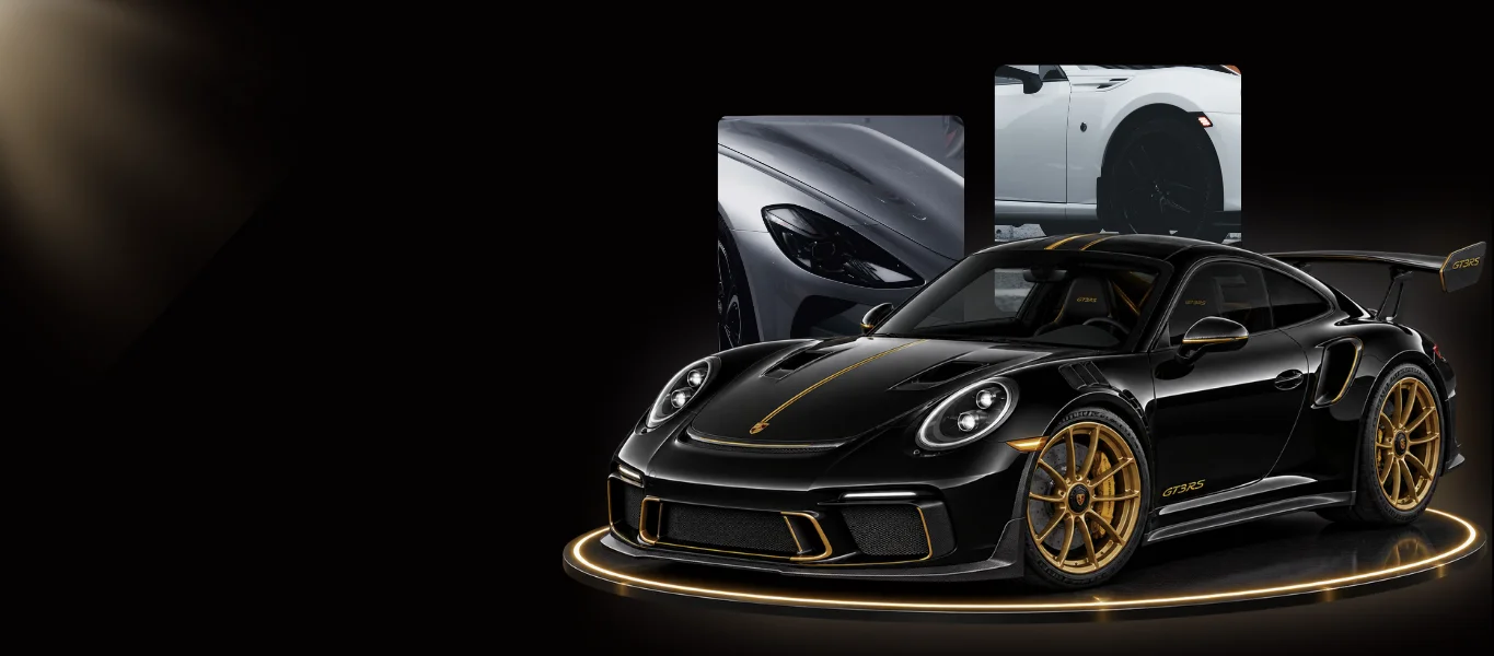 Black and gold Porsche 911 GT3 RS on display in a premium showcase